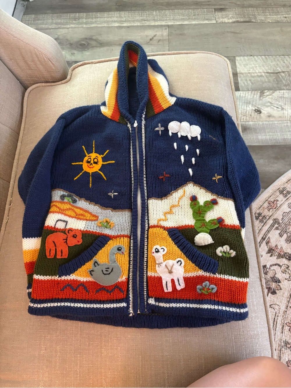 Kids Navy Hooded Animal & Desert Scene Knit Jacket